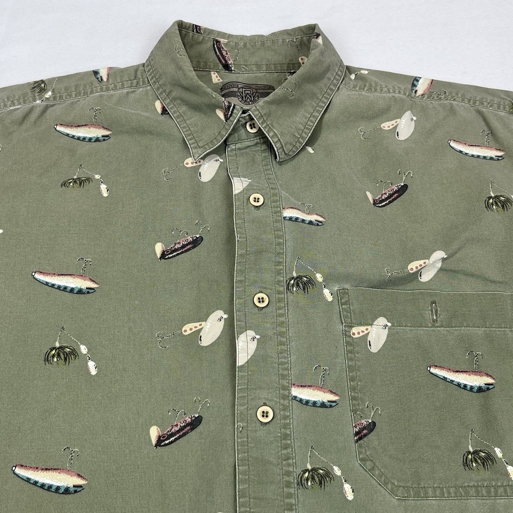 Wrangler Shirt Men 2XL Rugged Wear Flies Fishing Lures Print Long Sleeve Button*